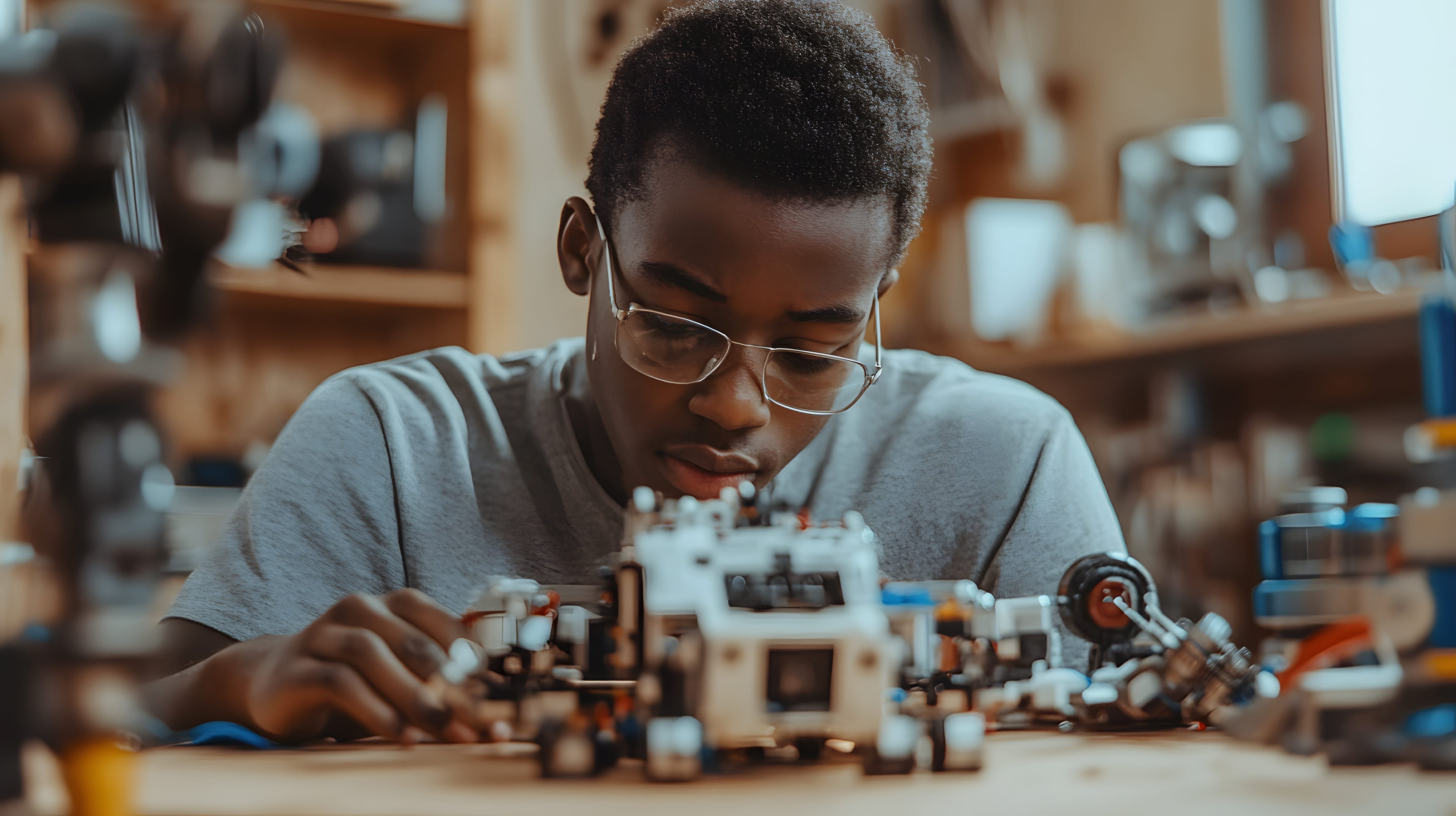 Student in glasses assembling a small robot on a wooden table.